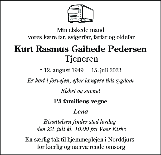 Dødsannonce for Kurt Rasmus Gaihede Pedersen