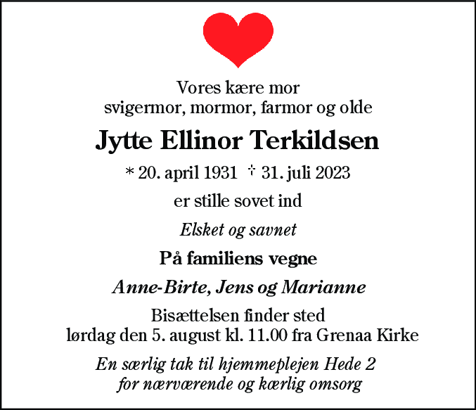 Dødsannonce for Jytte Ellinor Terkildsen