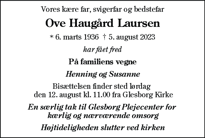 Dødsannonce for Ove Haugård Laursen