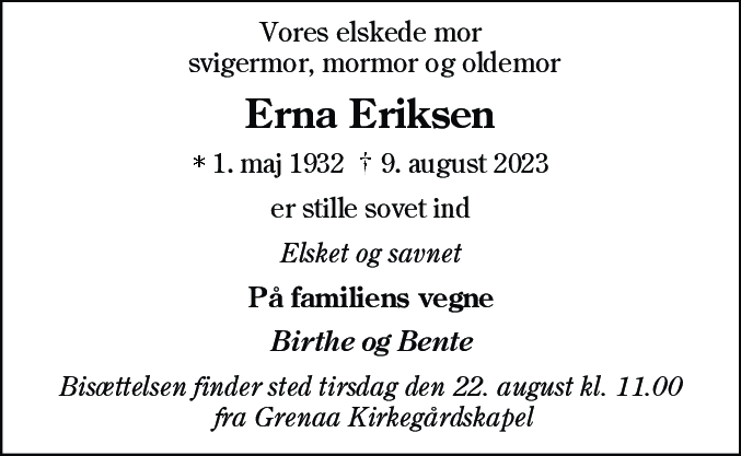 Dødsannonce for Erna Harriet Eriksen