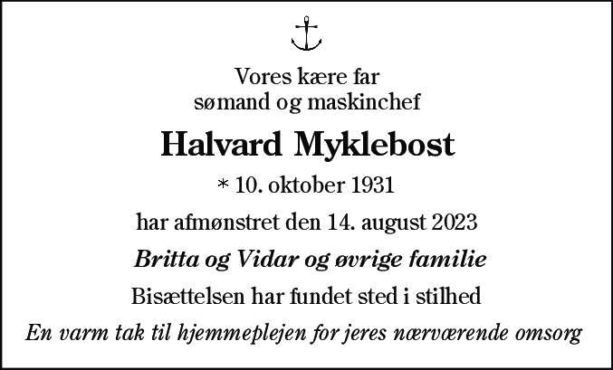 Dødsannonce for Halvard Myklebost