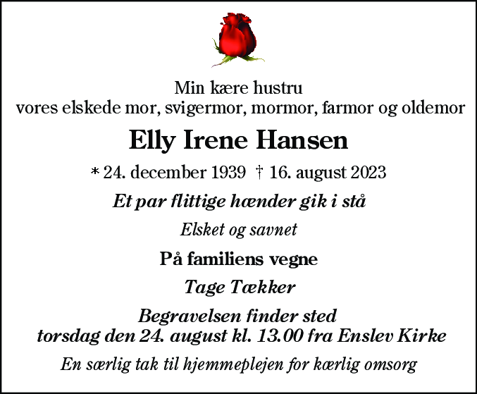 Dødsannonce for Elly Irene Hansen