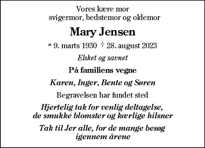 Dødsannonce for Mary Jensen