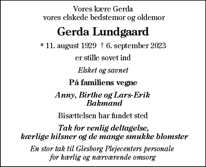 Dødsannonce for Gerda Lundgaard