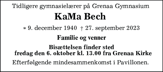 Dødsannonce for Karen Margrethe Bech