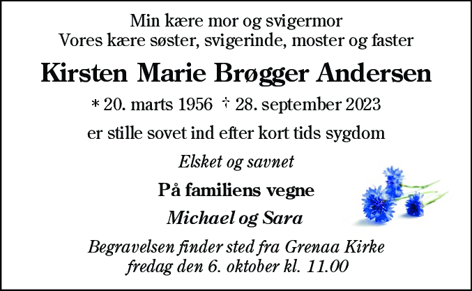 Dødsannonce for Kirsten Marie Brøgger Andersen