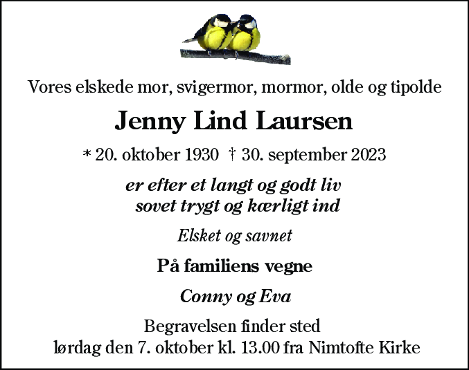 Dødsannonce for Jenny Lind Laursen