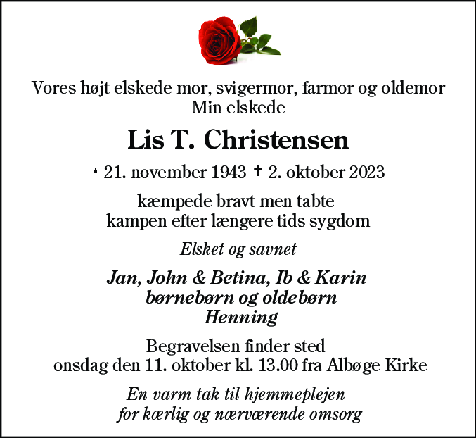 Dødsannonce for Lis Tove Christensen