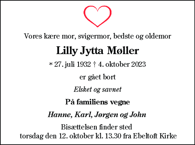 Dødsannonce for Lilly Jytta Møller