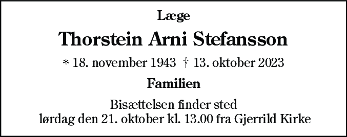 Dødsannonce for Thorstein Arni Stefansson