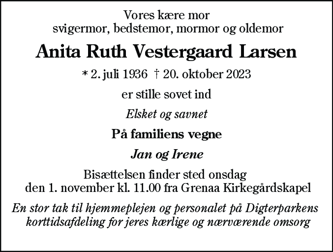 Dødsannonce for Anita Ruth Larsen