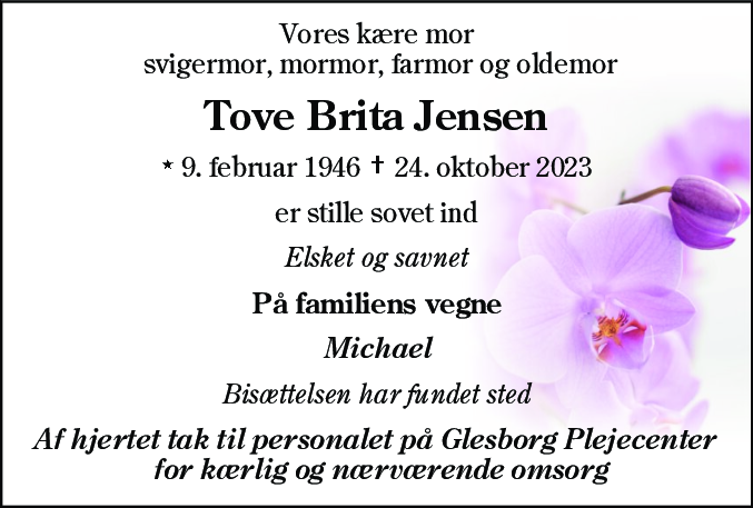 Dødsannonce for Tove Brita Jensen