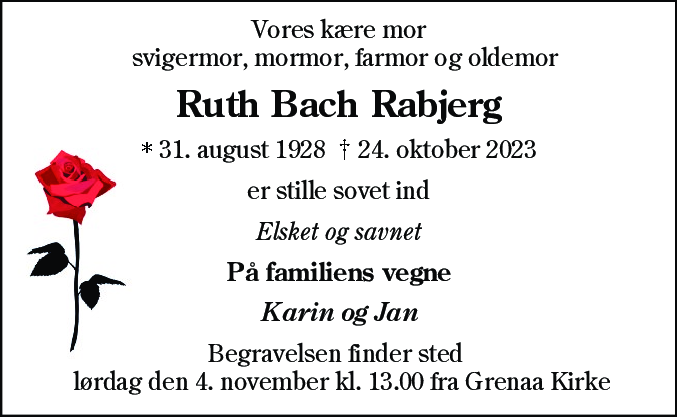 Dødsannonce for Ruth Kirstine Rabjerg