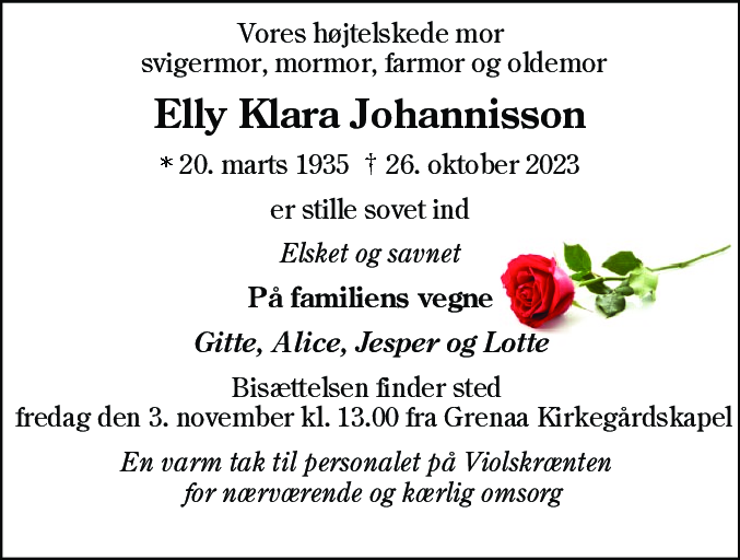 Dødsannonce for Elly Clara Johannisson