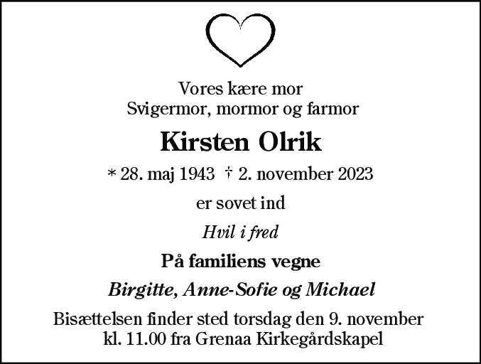 Dødsannonce for Kirsten Olrik