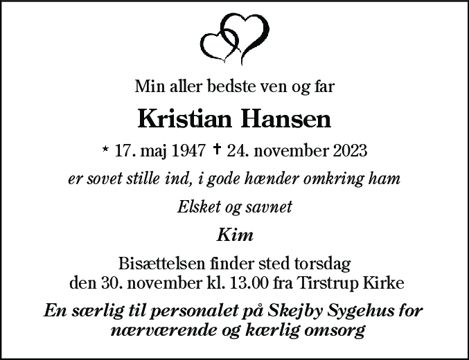 Dødsannonce for Jakob Kristian Plougmann Hansen