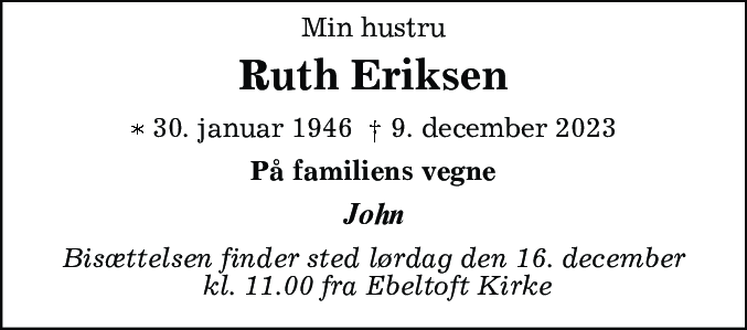 Dødsannonce for Ruth Eriksen