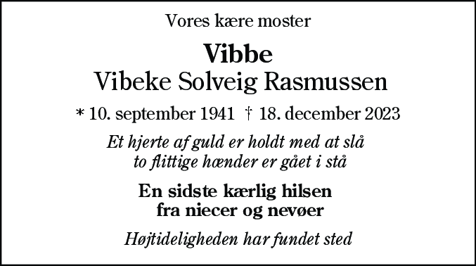 Dødsannonce for Vibeke Solveig Rasmussen