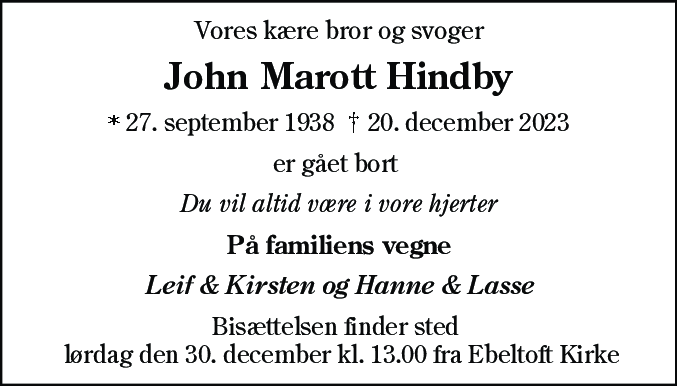 Dødsannonce for John Marott Hindby