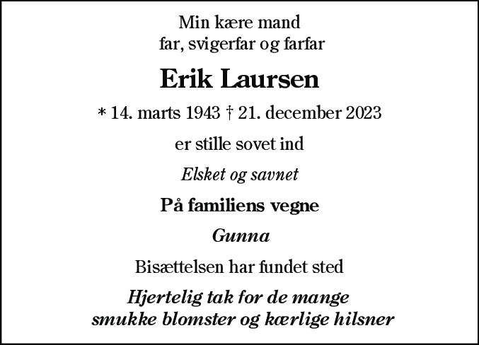 Dødsannonce for Erik Laursen