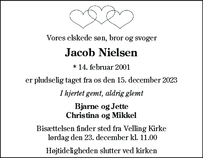 Dødsannonce for Jacob Nielsen