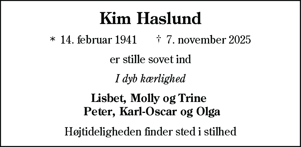 Dødsannonce for Kim Haslund