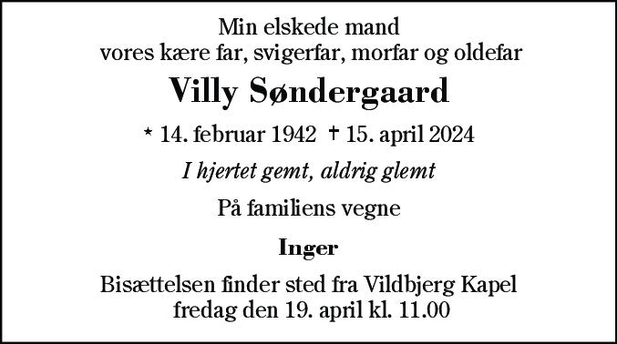 Dødsannonce for Villy Søndergaard