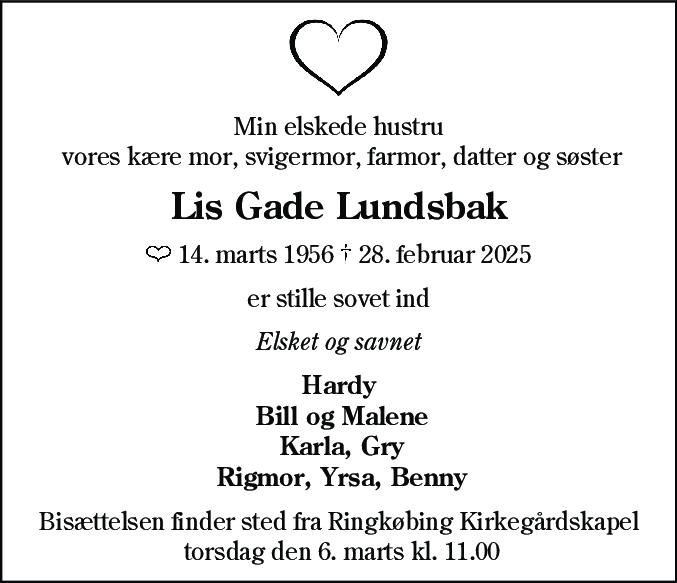 Dødsannonce for Lis Gade Lundsbak