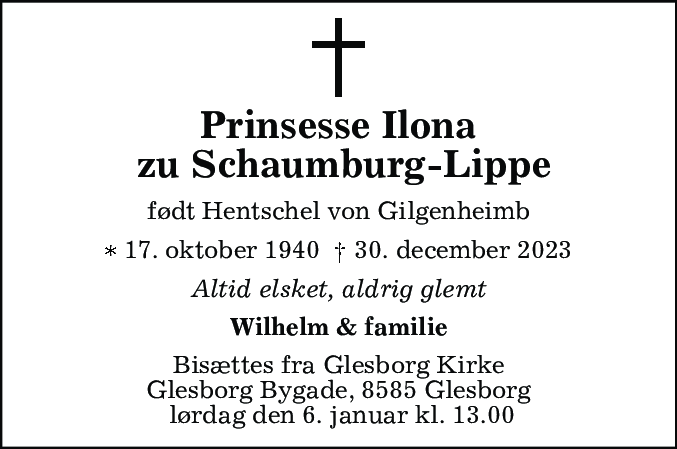 Dødsannonce for Ilona Prinsesse zu Schaumburg-Lippe