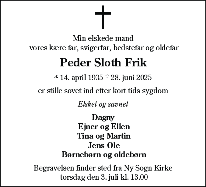 Dødsannonce for Peder Slot Frik