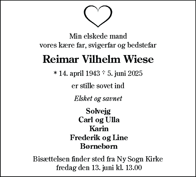 Dødsannonce for Reimar Vilhelm Wiese
