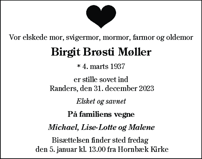 Dødsannonce for Birgit Brøsti Møller