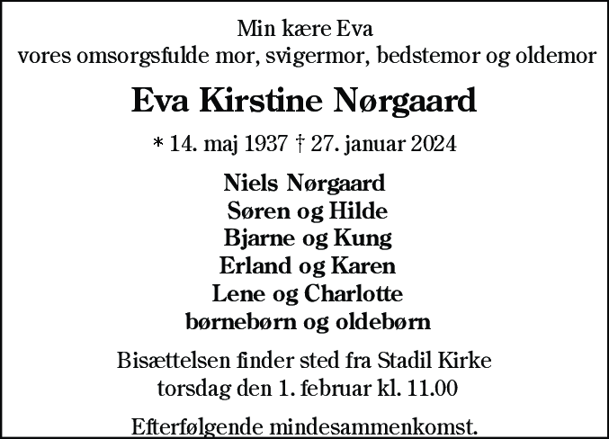 Dødsannonce for Eva Kirstine Nørgaard