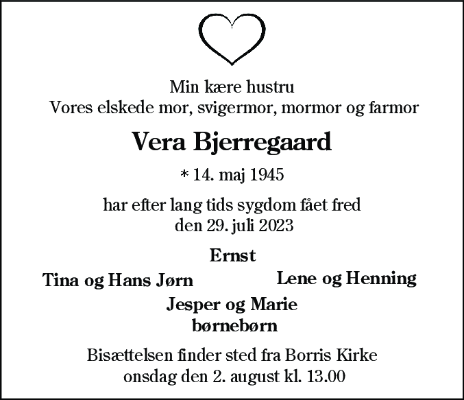Dødsannonce for Vera Bjerregaard