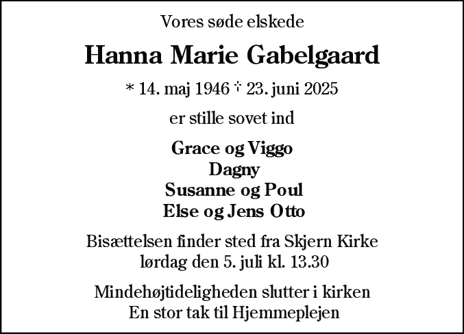Dødsannonce for Hanna Marie Gabelgaard
