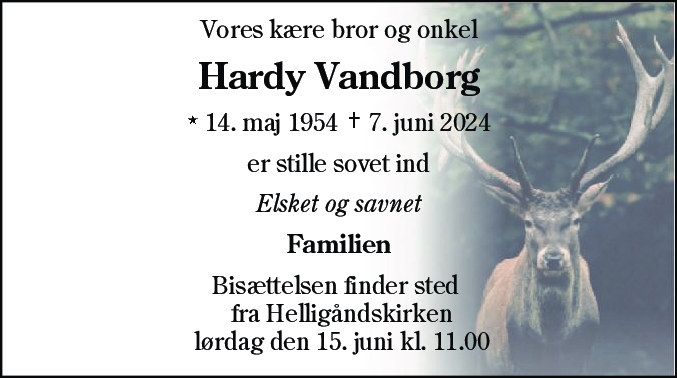Dødsannonce for Hardy Vandborg