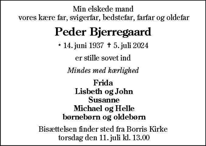 Dødsannonce for Peder Bjerregaard