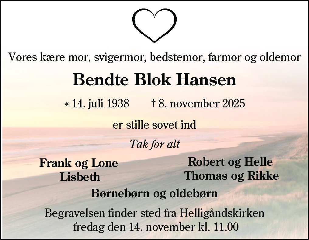 Dødsannonce for Bendte Blok Hansen