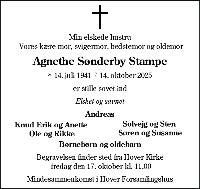 Dødsannonce for Agnethe Sønderby Stampe