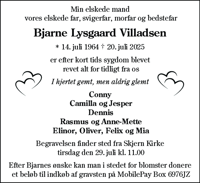 Dødsannonce for Bjarne Lysgaard Villadsen