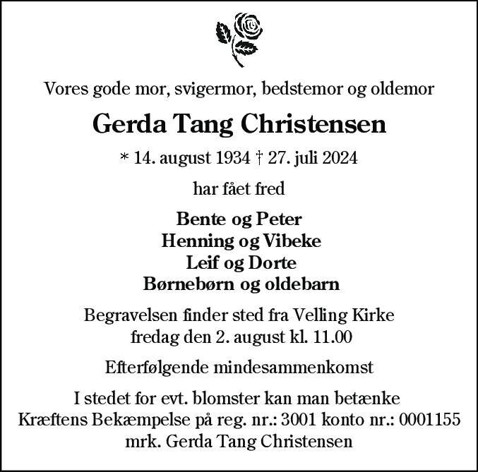 Dødsannonce for Gerda Tang Christensen