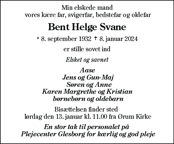Dødsannonce for Bent Helge Svane