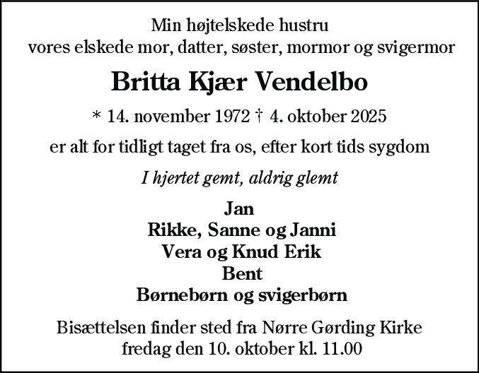 Dødsannonce for Britta Kjær Vendelbo