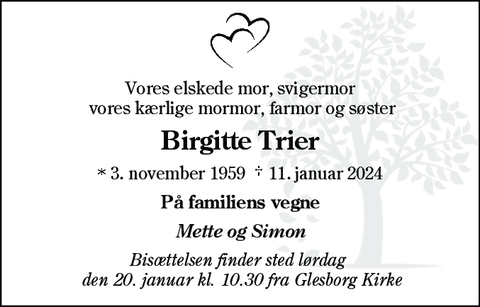 Dødsannonce for Birgitte Trier