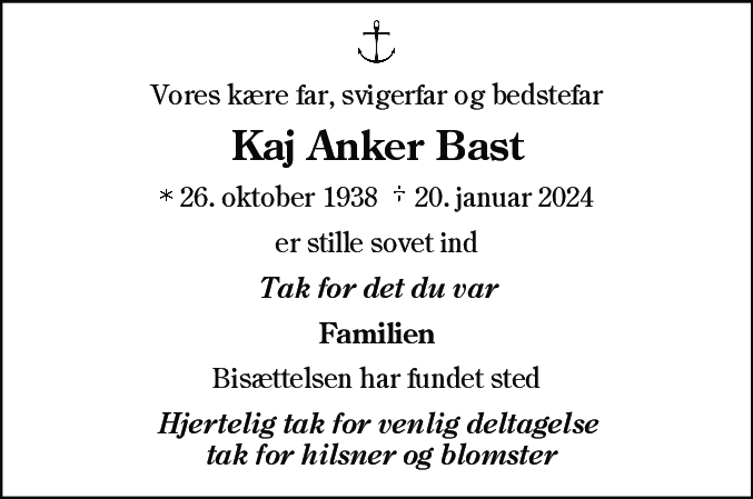 Dødsannonce for Kaj Anker Bast
