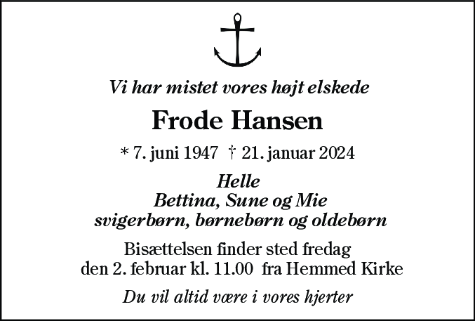 Dødsannonce for Frode Hansen