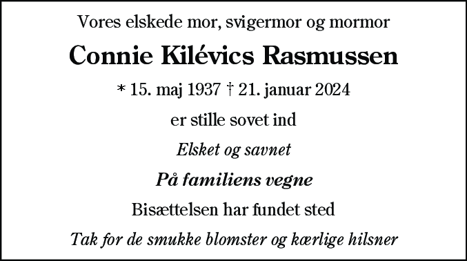 Dødsannonce for Connie Kilevics Rasmussen