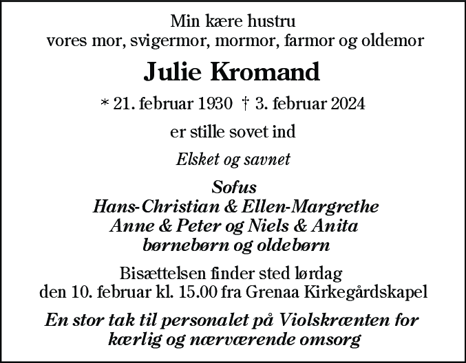 Dødsannonce for Julie Kromand
