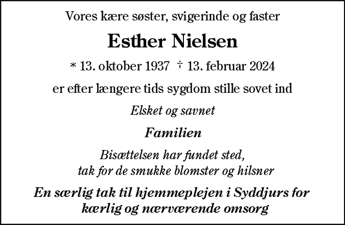 Dødsannonce for Esther Nielsen