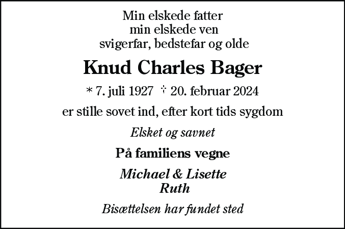 Dødsannonce for Knud Charles Bager